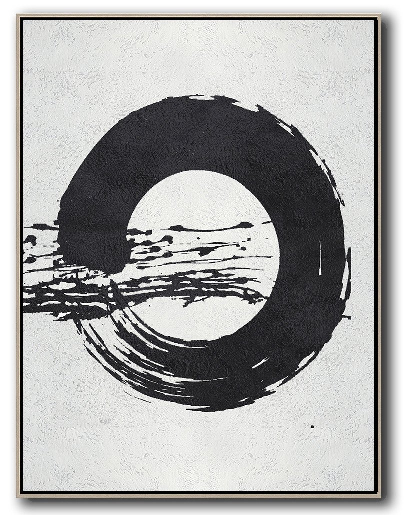 Hand-Painted Black And White Minimal Painting On Canvas - Black And White Canvas Prints Living Room Large